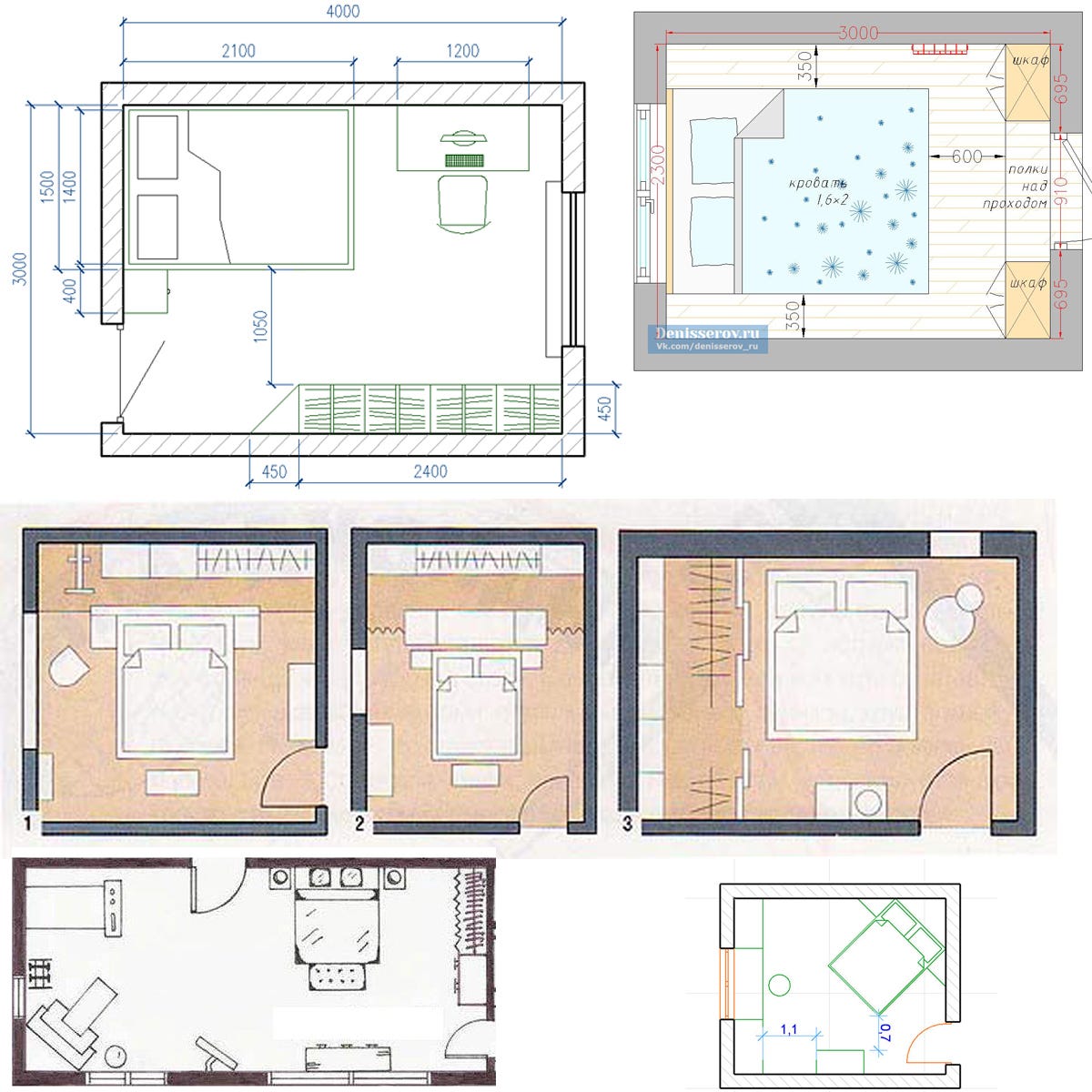 Спальня 9м2 квадратная расстановка чертеж