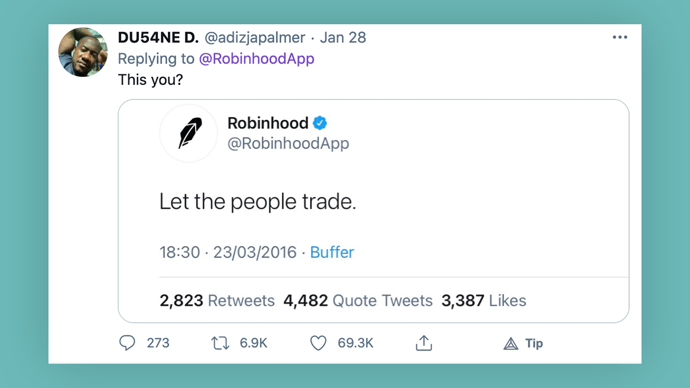 Screenshot oftweet by @adizjapalmer re: situation with Robinhood in Jan 2021. Link to original tweet in the image description