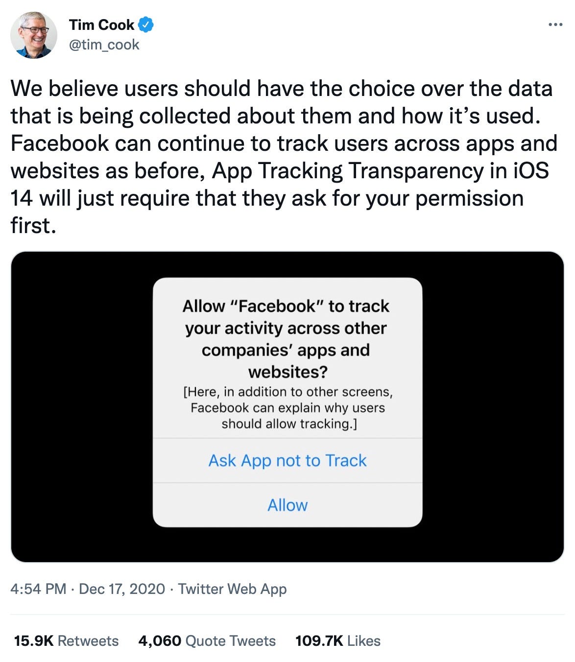 Tim Cook tweak about iOS 14 protecting consumer privacy.