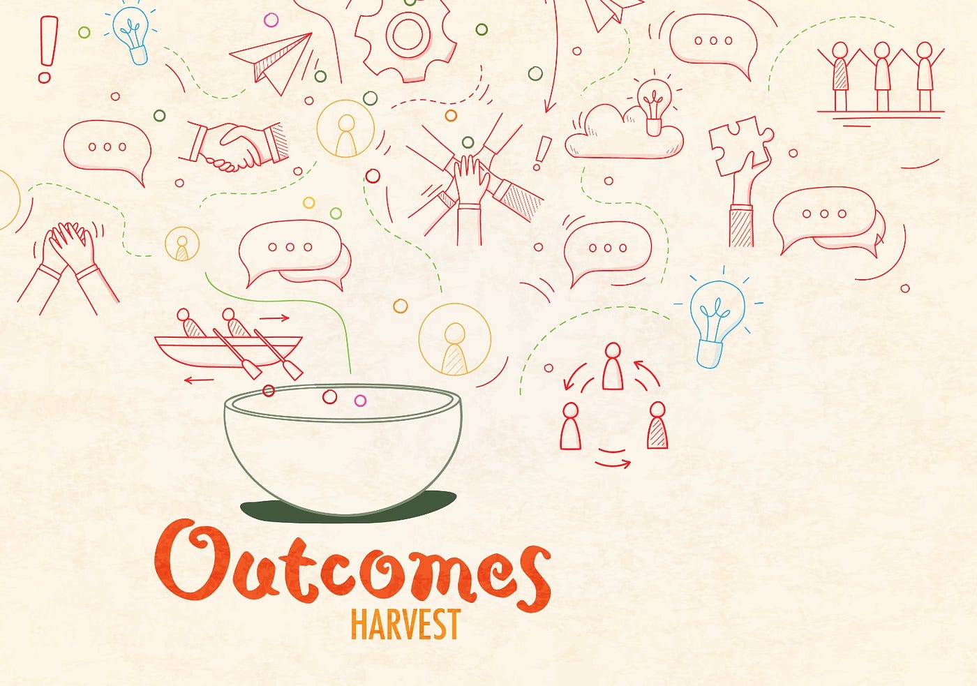Image shows the illustration of a bowl from which different things are coming out — dialogue boxes, clouds, paper planes, cogs, and gears. There is text underneath that reads — Outcomes Harvest