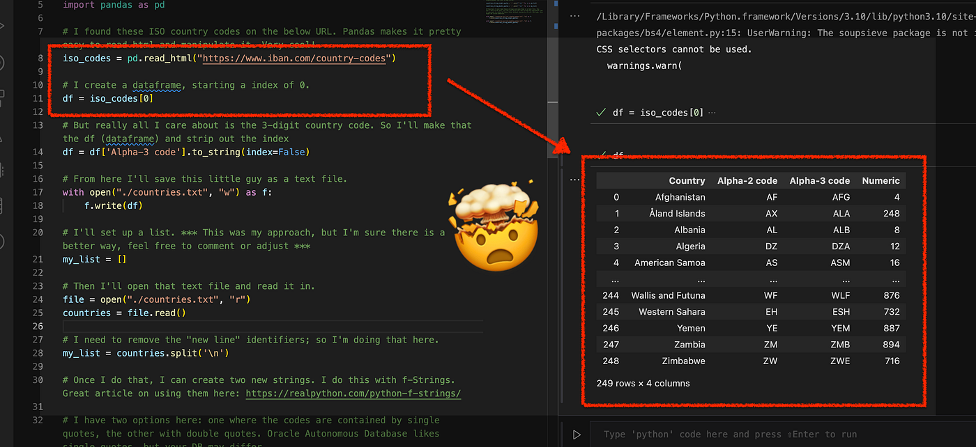 Using Python Pandas to turn ISO Country Codes into a string to use as  values for a SQL Query | by Chris Hoina | Dec, 2022 | Dev Genius
