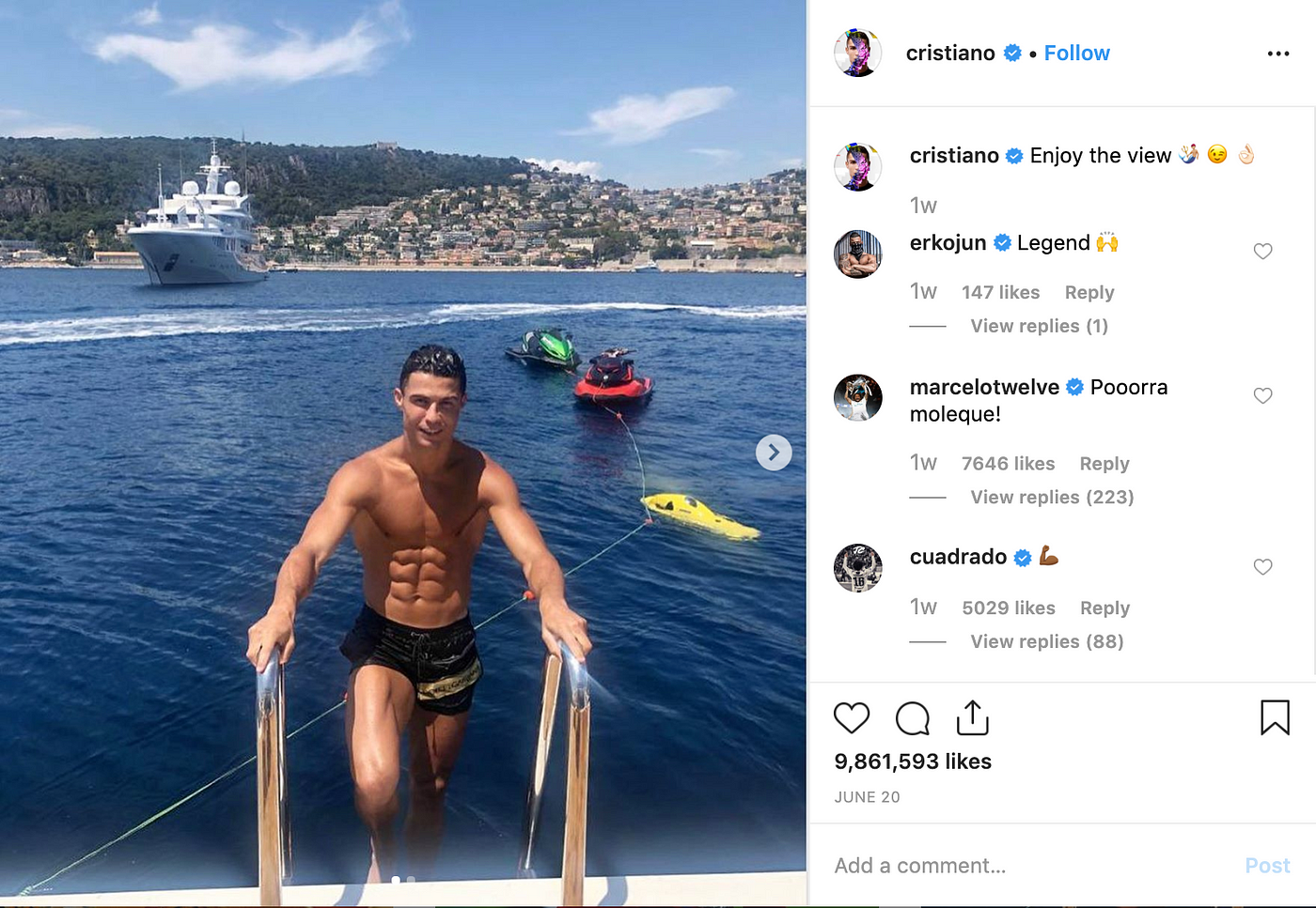 Cristiano Ronaldo's "Enjoy the view" Instagram post received over 9 million likes.