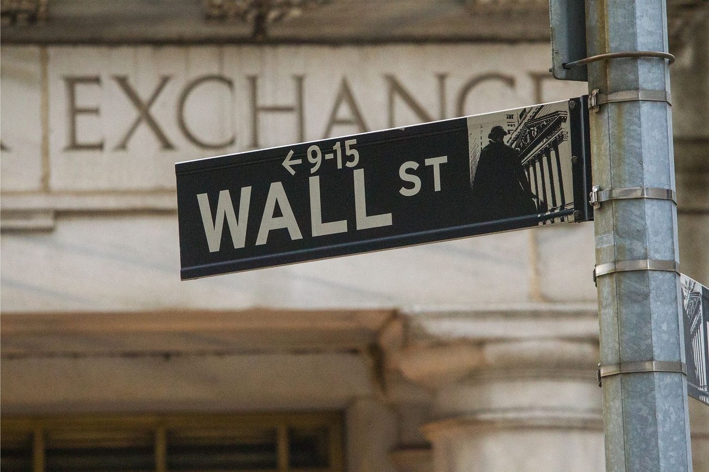 Wall Street sign in front of the stock exchange building.
