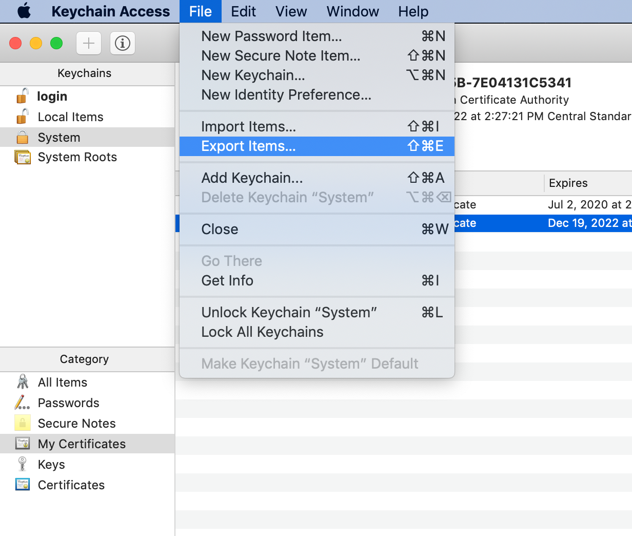Screenshot of macOS's Keychain Assistant with `Export Items` selected