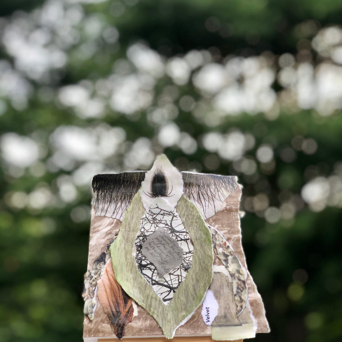 Abstract mixed media collage in the shape of a vulva.