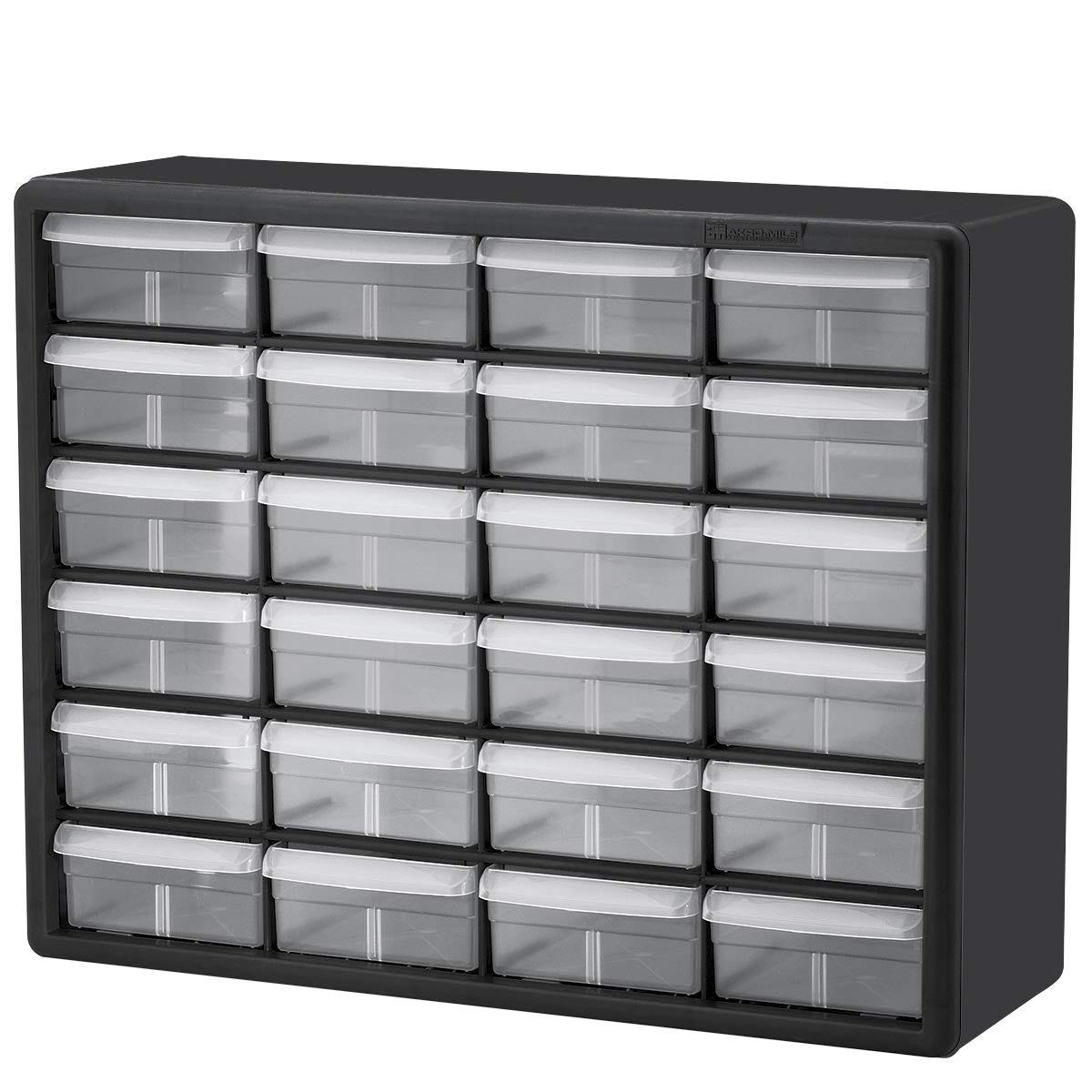 a storage container with 6 by 4 count of plastic drawers set into a black shelf