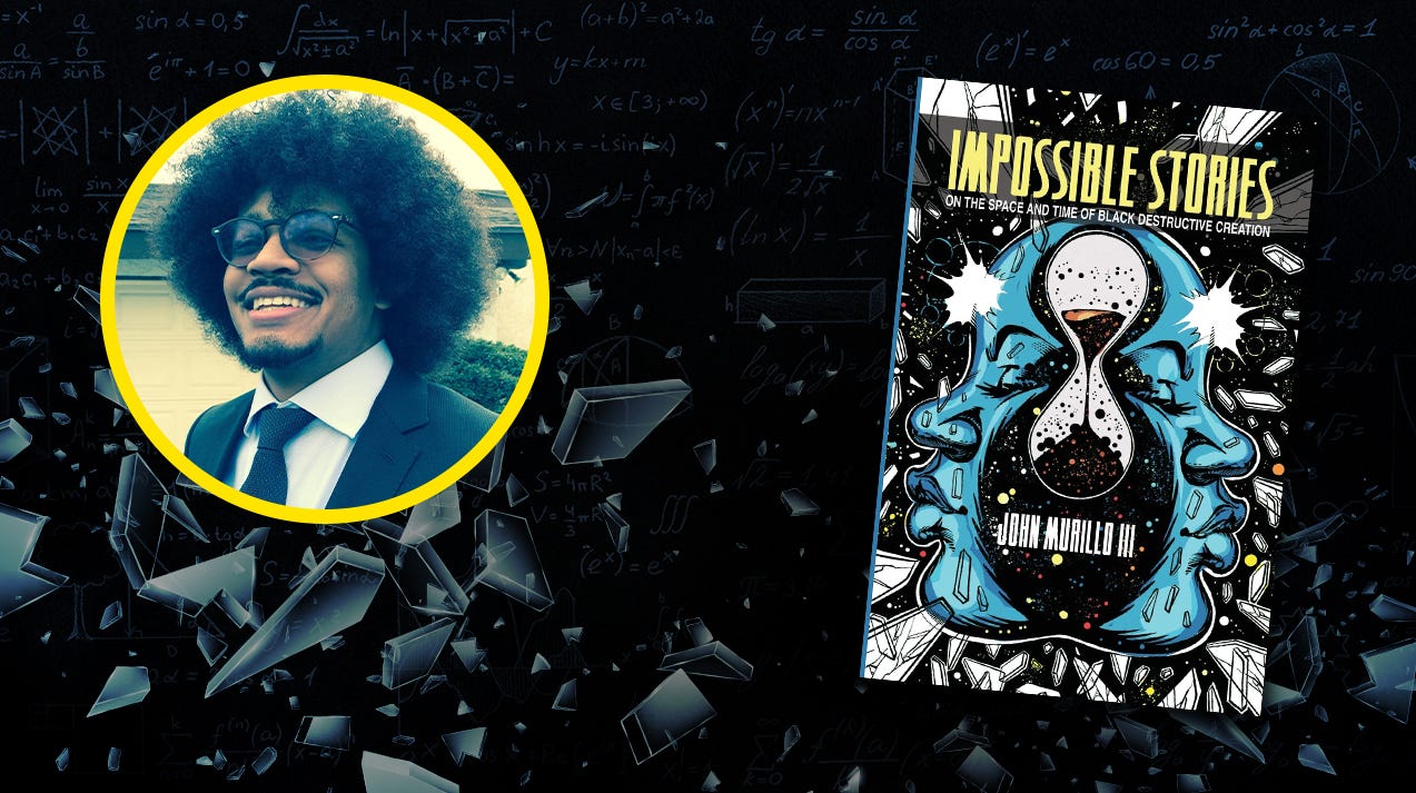 A collage featuring a circle shaped photo of John Murillo III smiling and the cover of his book on top of a black and blue background with shattered glass and math equations.