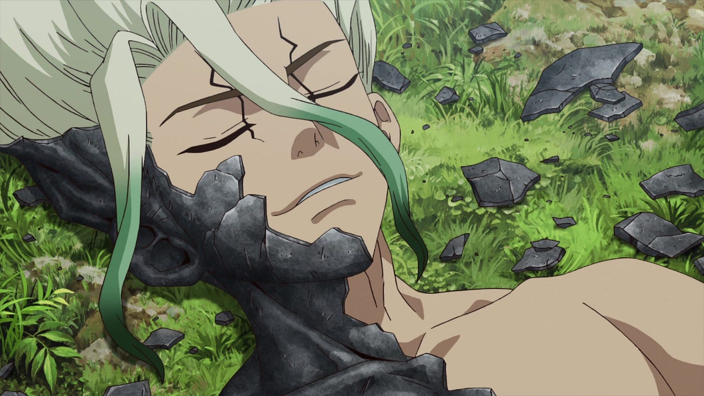 A screenshot from Dr. Stone episode 4 showing a character whose skin has turned partially to stone.