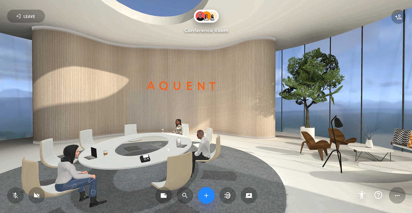 Three people from the Gymnasium team meet in the metaverse at a virtual conference room using Spatial.