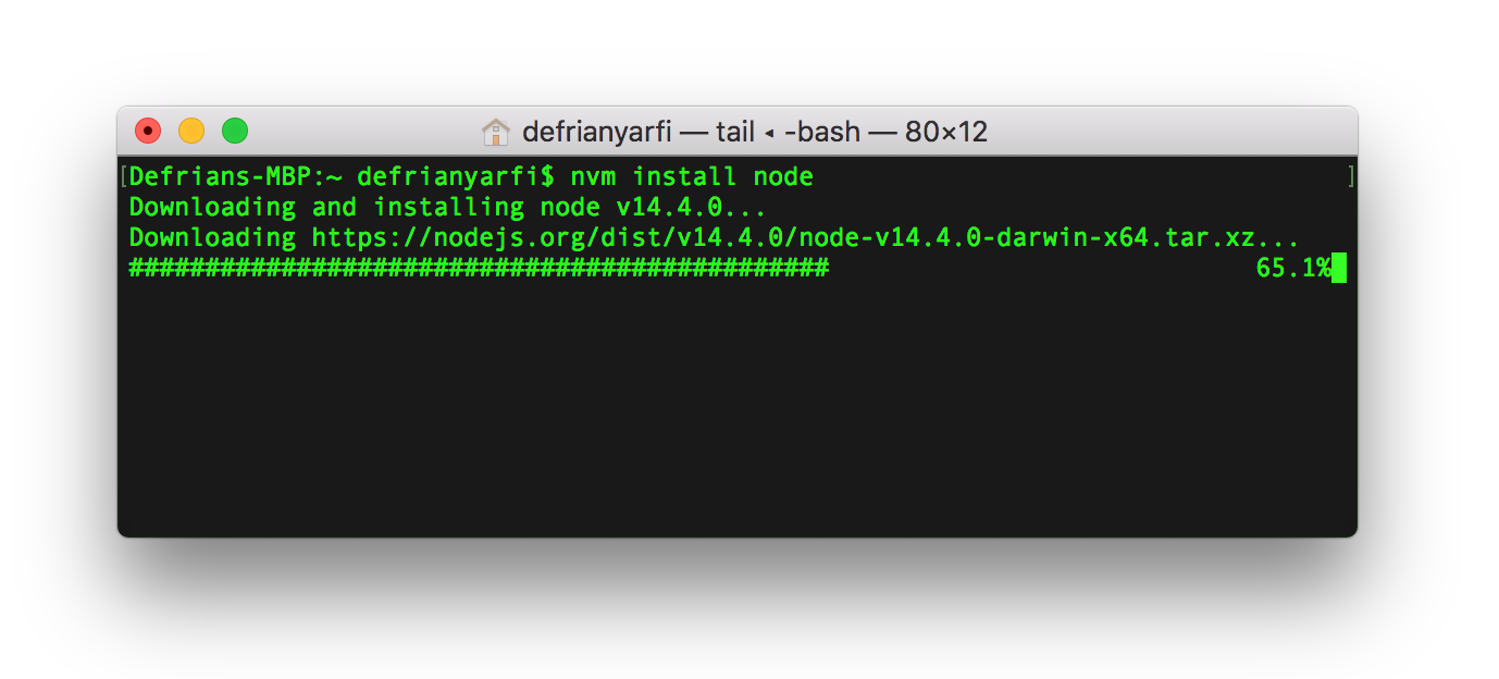 $ nvm install node will install the latest version v.14.4.0
