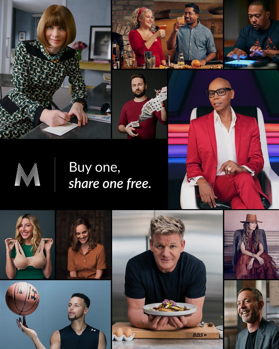 A social ad for the MasterClass “Buy one, share one free” campaign. On it several of their celebrity instructors are featured.