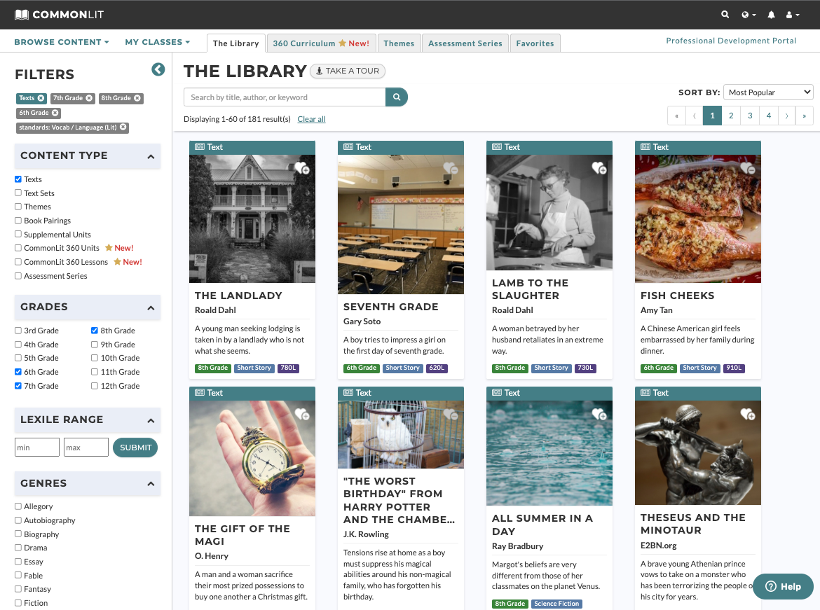 CommonLit's library filtered for middle school vocabulary and language standards.