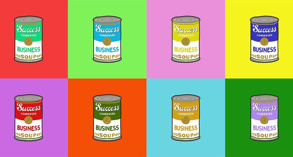 Cans of “Business Success” soup in the pop art style of Andy Warhol