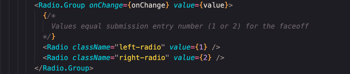 code showing two radio dial components where values were updated to just 1 and 2
