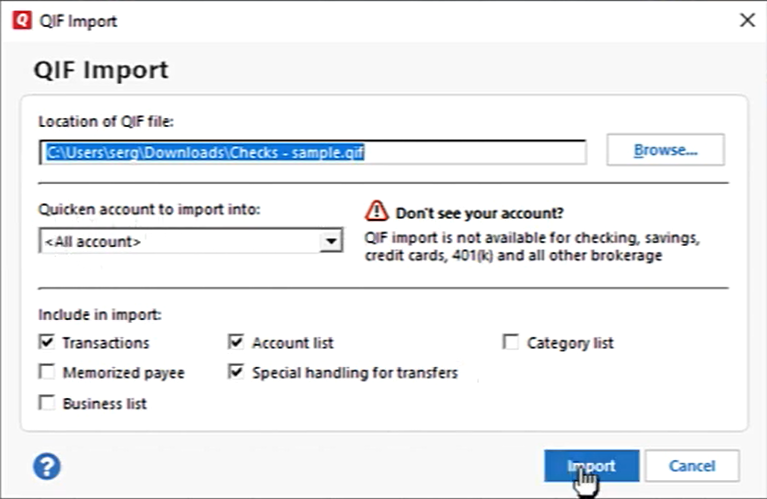 where is quicken qif file stored