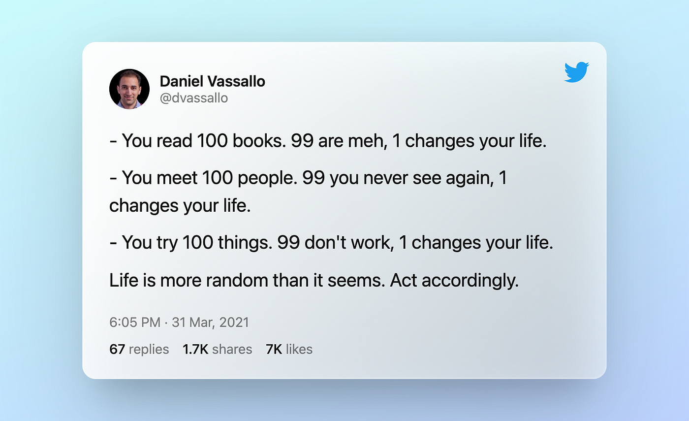 Tweet by Daniel Vassallo: You read 100 books. 99 are meh, 1 changes your life. You meet 100 people. 99 you never see again, 1 changes your life. You try 100 things. 99 don’t work, 1 changes your life. Life is more random than it seems. Act accordingly.