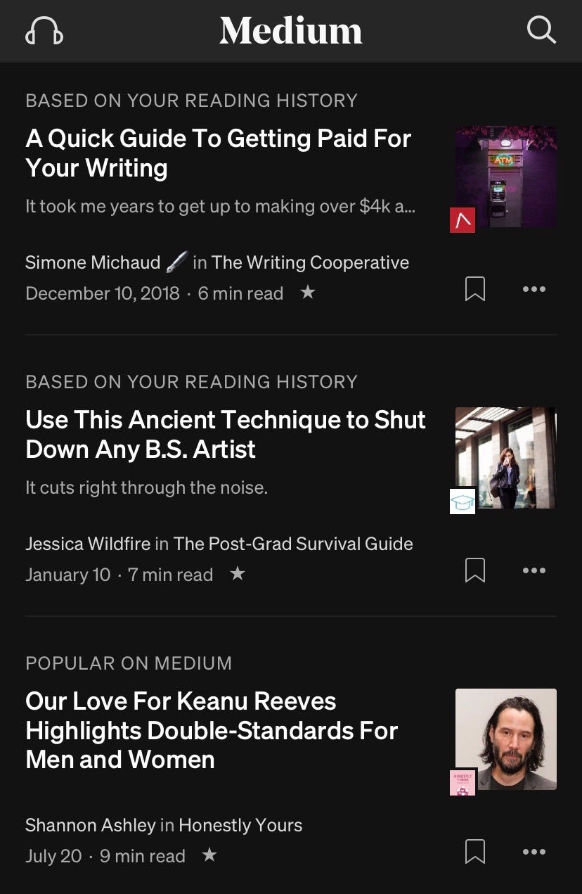 Mobile View of Medium using night mode. Three articles, one with a long subtitle, one short, and one with no subtitle.