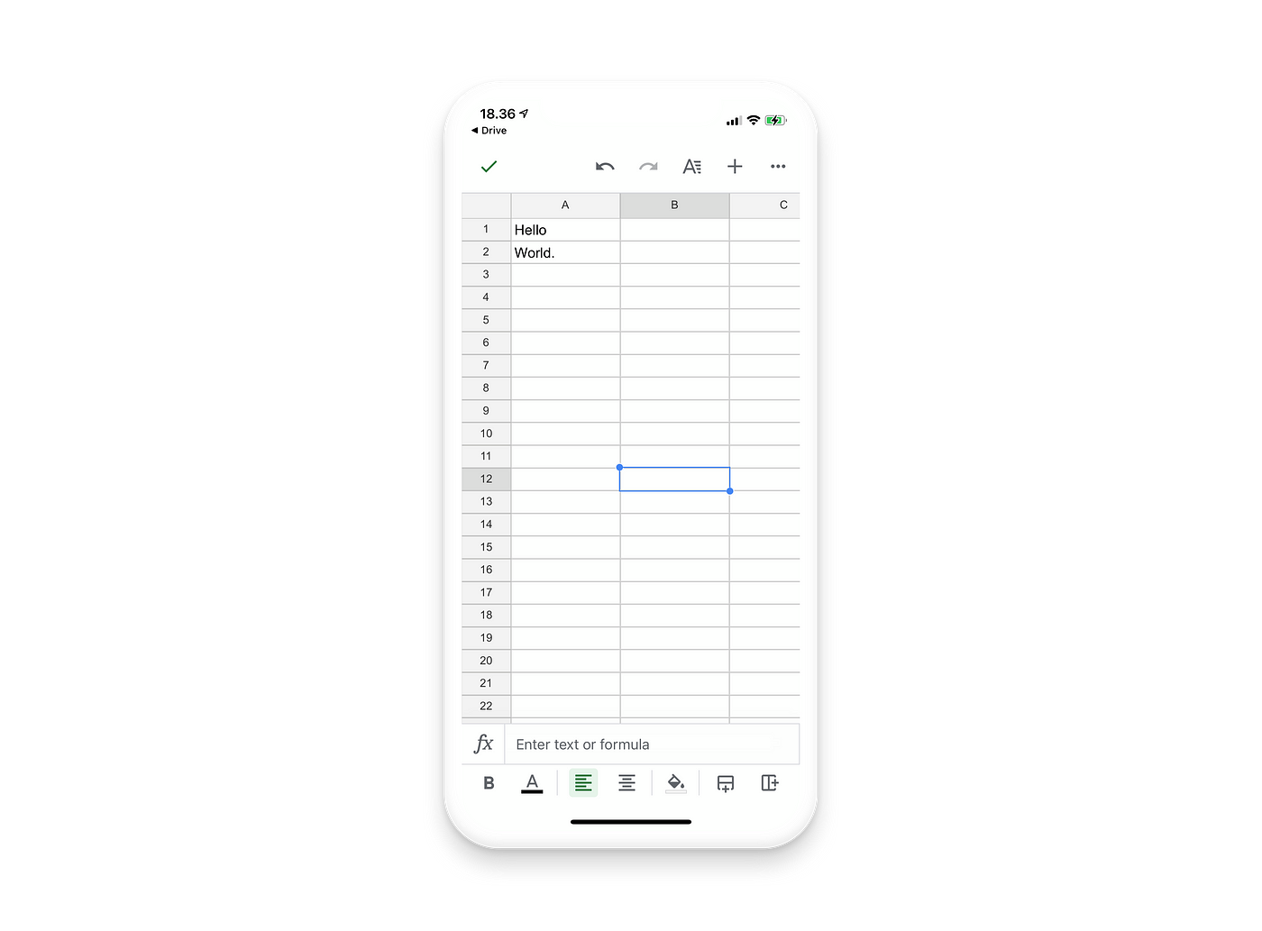 iPhone showing a spreadsheet in the Google Sheets app.