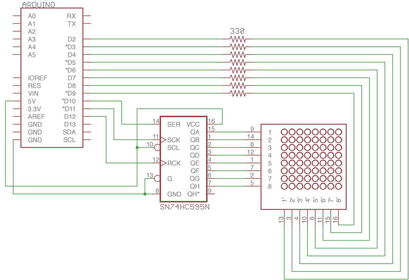 Using a 74HC595 to control a LED Matrix - Arduino ... led clock circuit diagram 