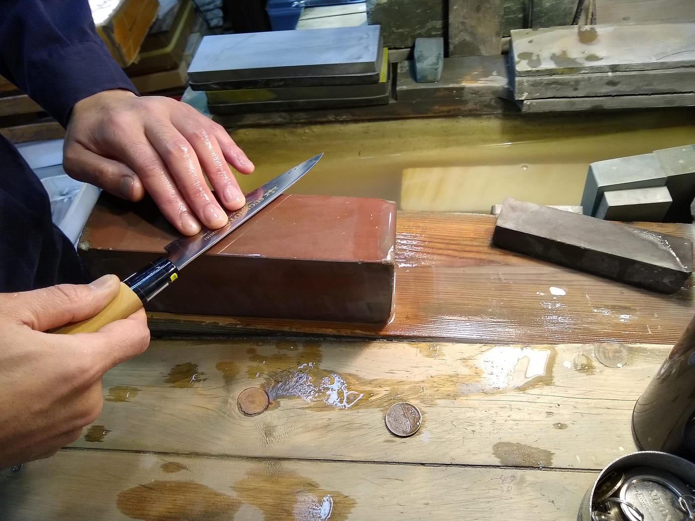 Honing a Japanese knife.