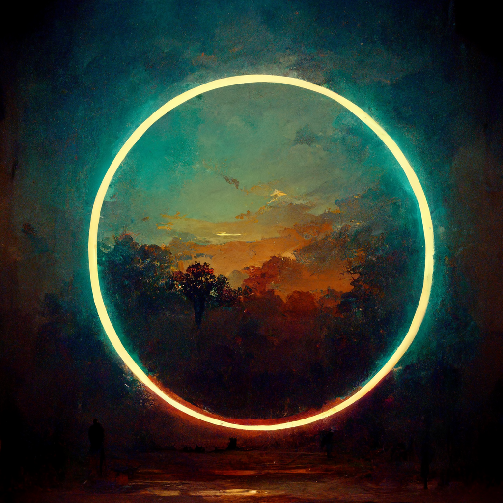 A thin yellow/white circle glows, slightly illuminating a dark forest canopy behind it. Teal and orange hues of the fading light give way to black at the edges.