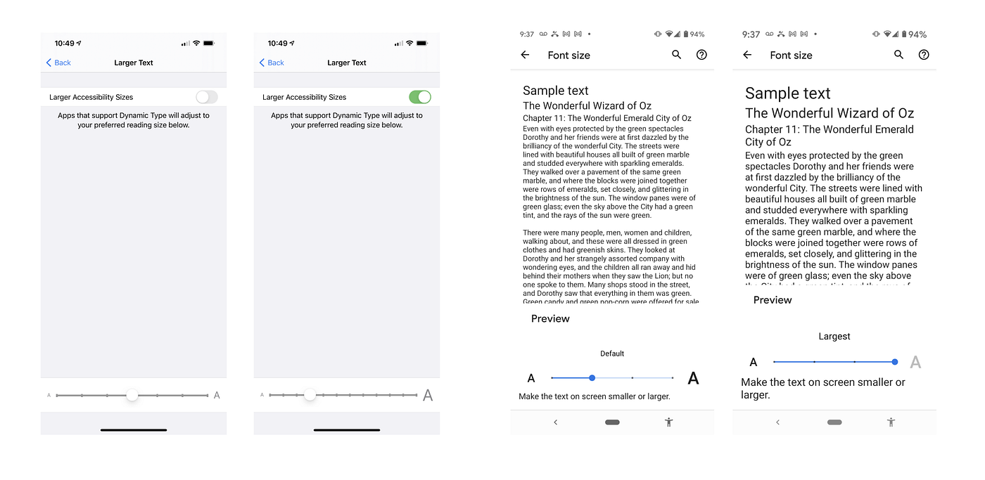 Screenshot of iOS Settings page for Text Resizing