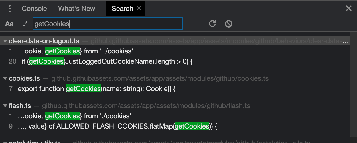 Screenshot of finding JavaScript code through global search