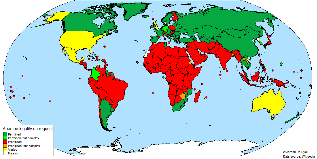 World map of legality of abortion on request