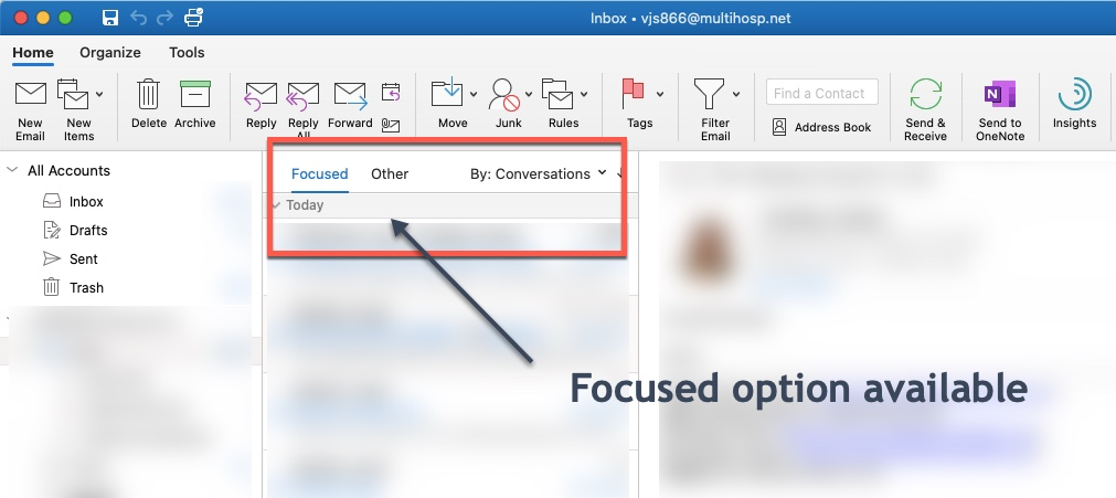 outlook for mac focused inbox not available