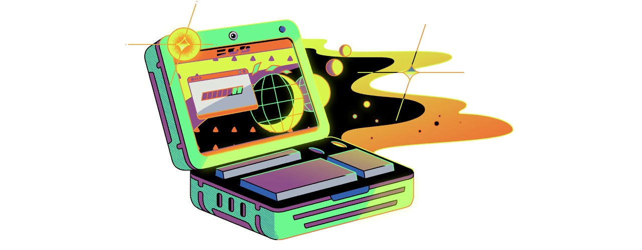 Illustration of a stylized computing device, resembling a briefcase