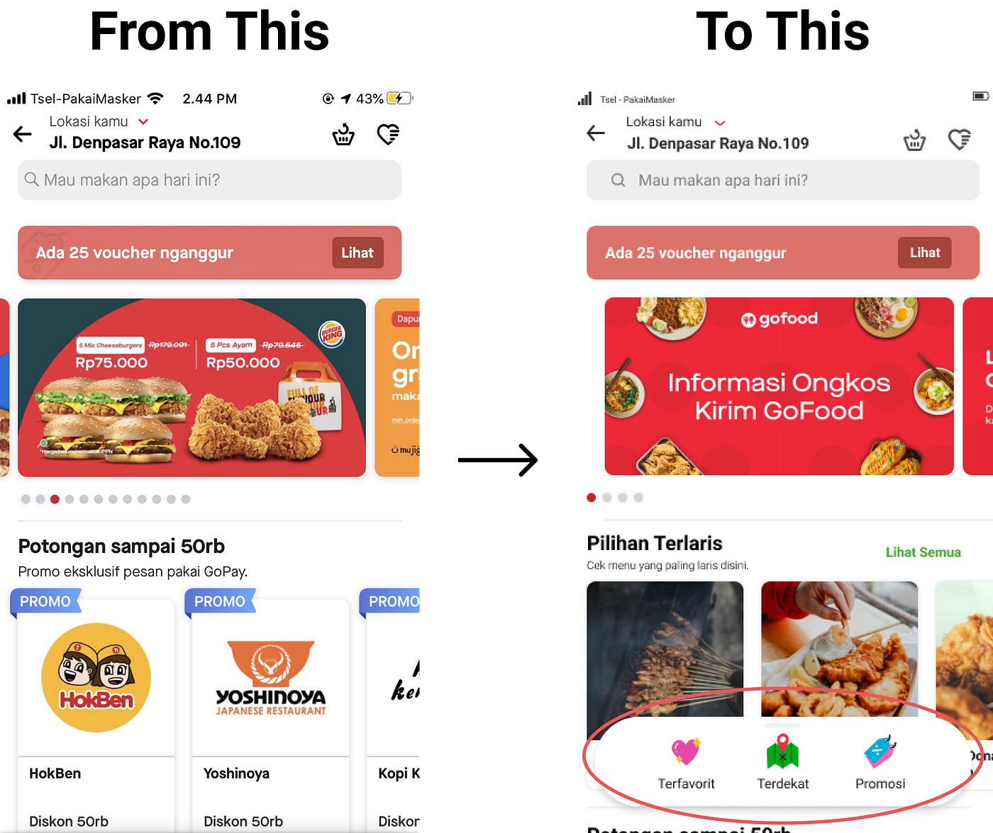 Redesigned GoFood Home with a Navigation bar and Favorites page with ...