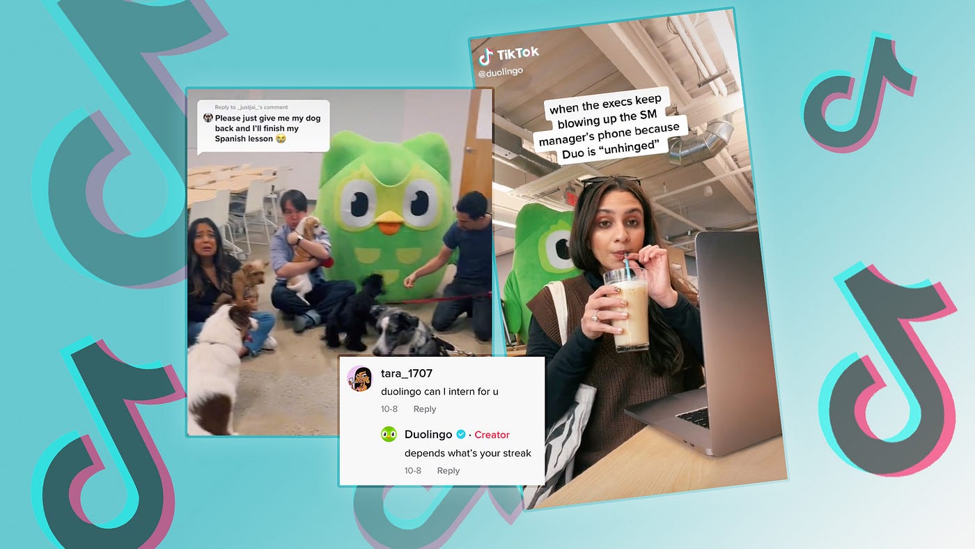 Various screenshots of Duolingo content on a graphic background — two are humorous exchanges with users who admit they haven’t studied, and one is a social media manager sharing how their mascot, “Duo” has been “unhinged” and concerned her executives. These are referred to in detail in the article below.