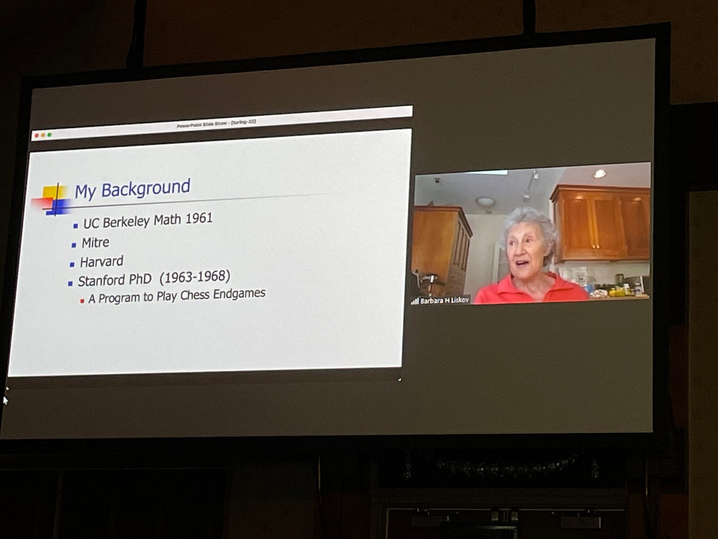 Barbara Liskov on Zoom with a slide titled “My Background”