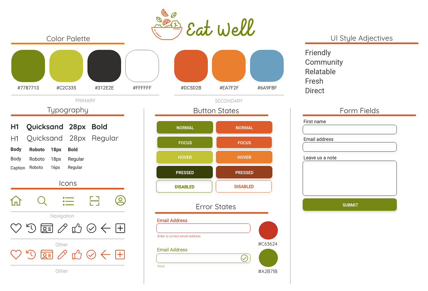 Style Guide — greens with orange accents, friendly fonts