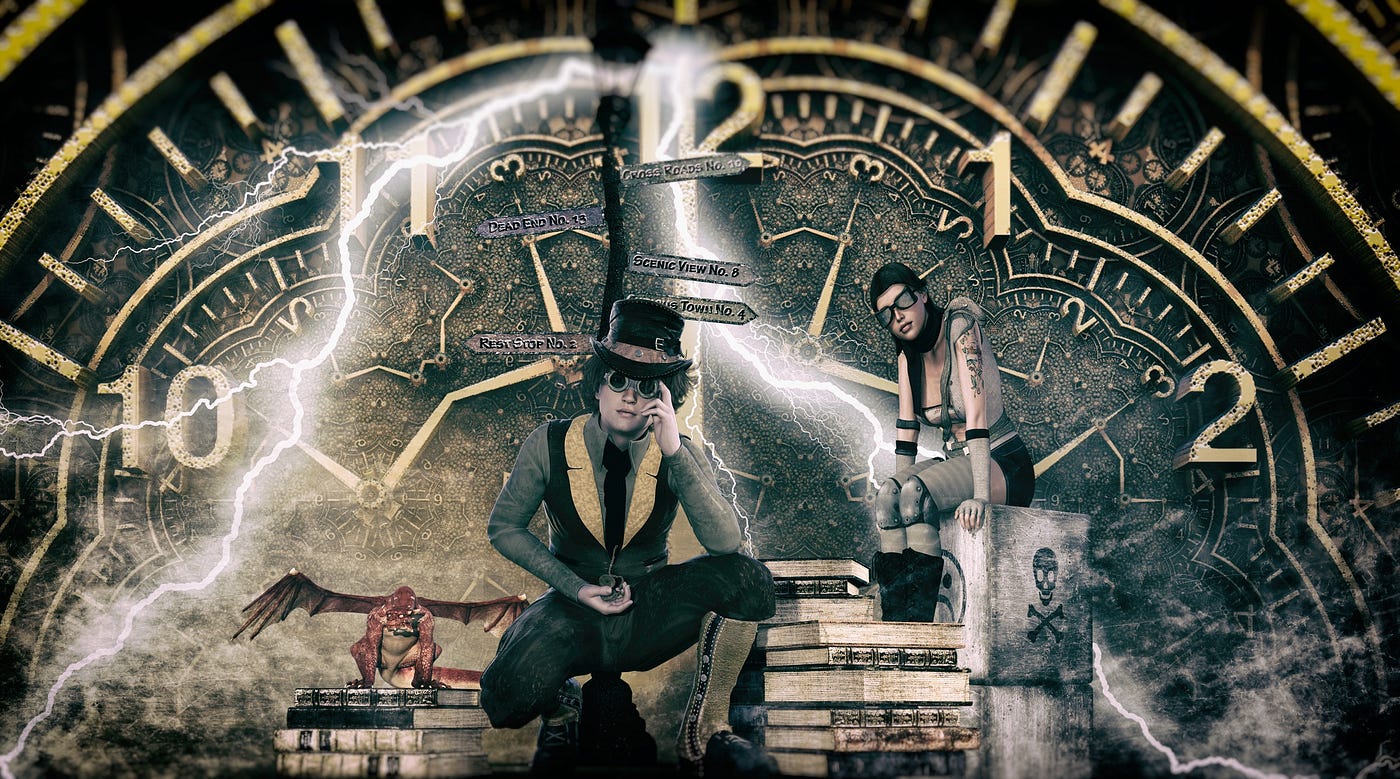 A Steampunk-like image of a young man with a top hat, seemingly thinking, as he is surrounded by books and has a huge clock face in the foreground