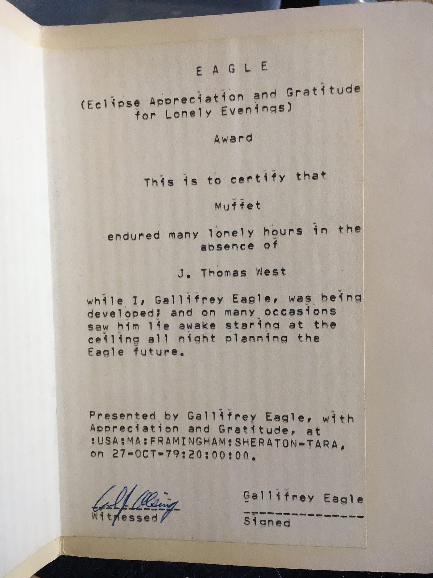 A typed out award with the title that is the same as the article which thanked my mother for the lonely evenings she spent while the Eagle computer was being developed. It is signed by the president of the company but also by the computer.