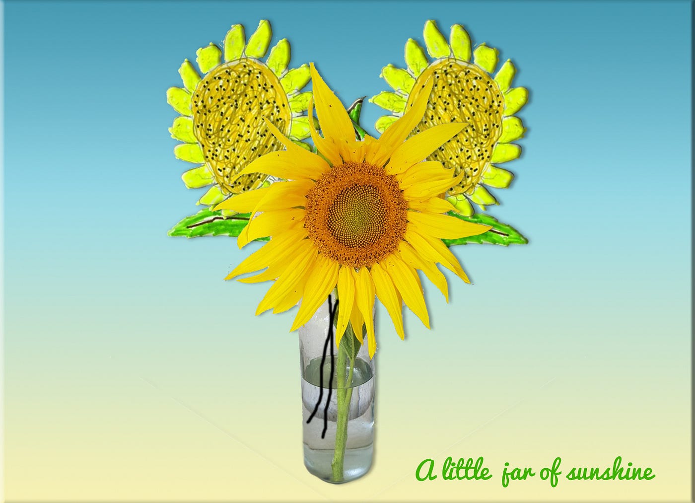One real and two cartoon sunflowers in a vase