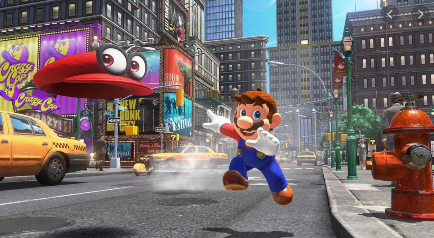 Mario performing the capture system by throwing Cappy forward on the road in a city.