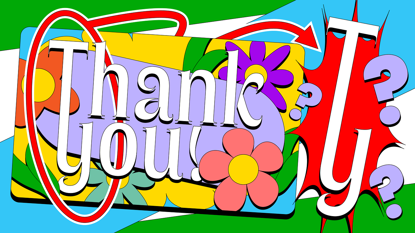 An illustration of a card that says “Thank you!” The letters ‘T’ and ‘y’, each from different words, are circled and emphasised to show how its strokes are  linked vertically.