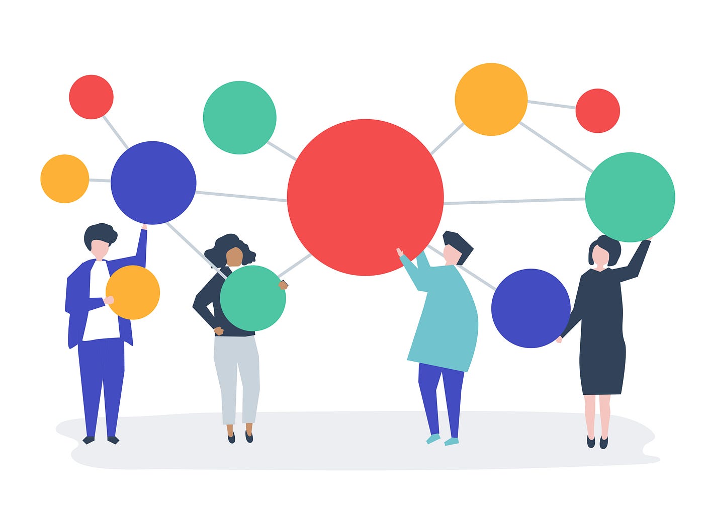 Graphic image of people holding connected circles of varying sizes and colours