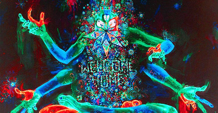 Psychedelic imagery. Four handed creature with “welcome home” on midsection of body.