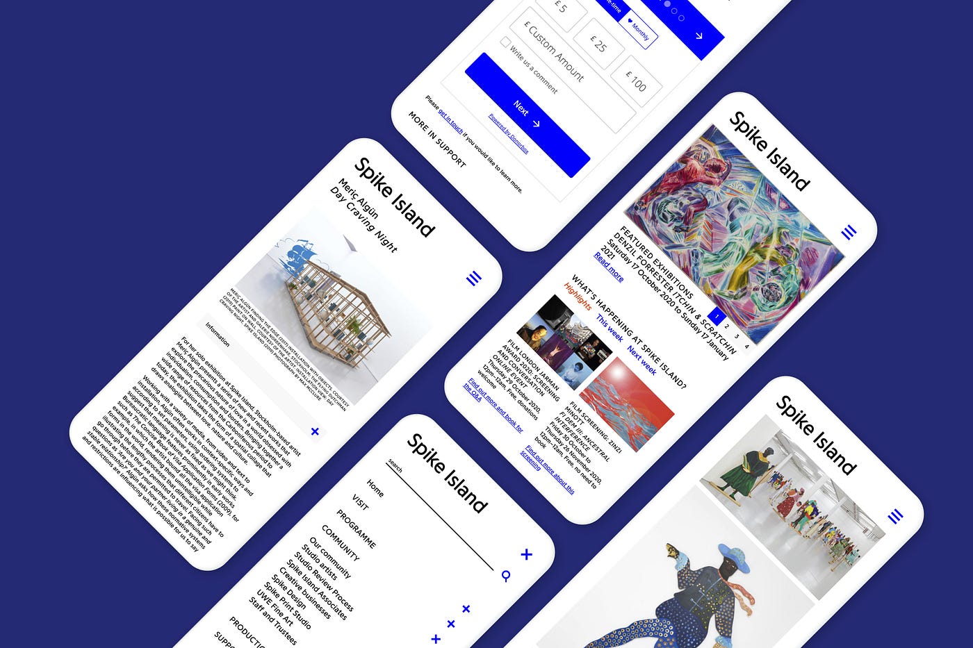 A preview of Spike Island’s website on 5 mobile devices
