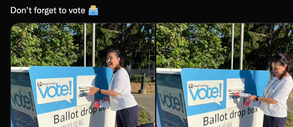 A partial screenshot of a Tweet from Council Member Tammy Morales that reads “Don’t forget to vote”. The two photos below the text show Morales voting early in the WA primary by submitting her ballot in a dropbox.