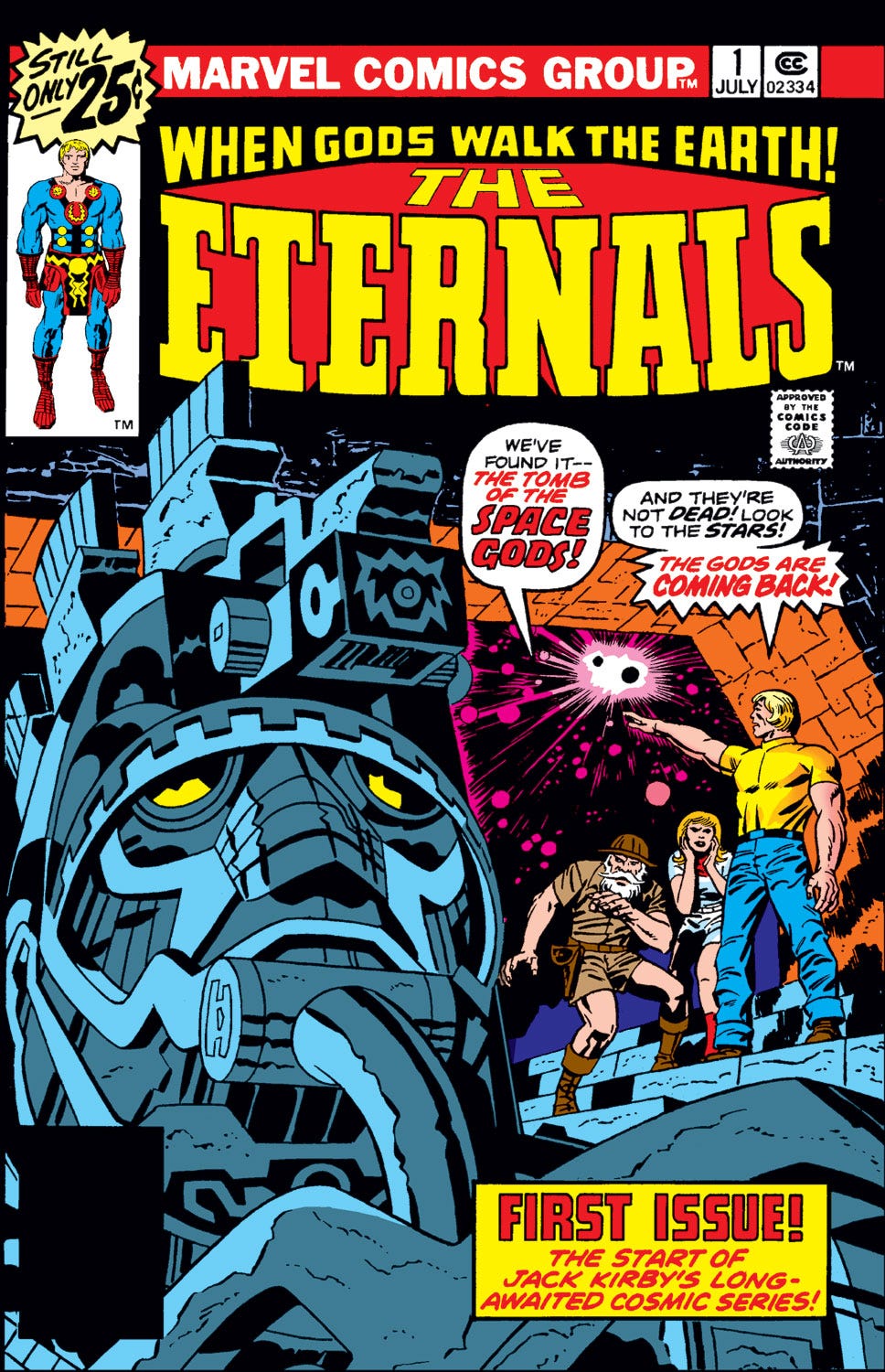 Comic Book: The Eternals volume 1 #1. Big stone head with space behind it, three people nearby talking about the “Space Gods” and how they’re coming back.
