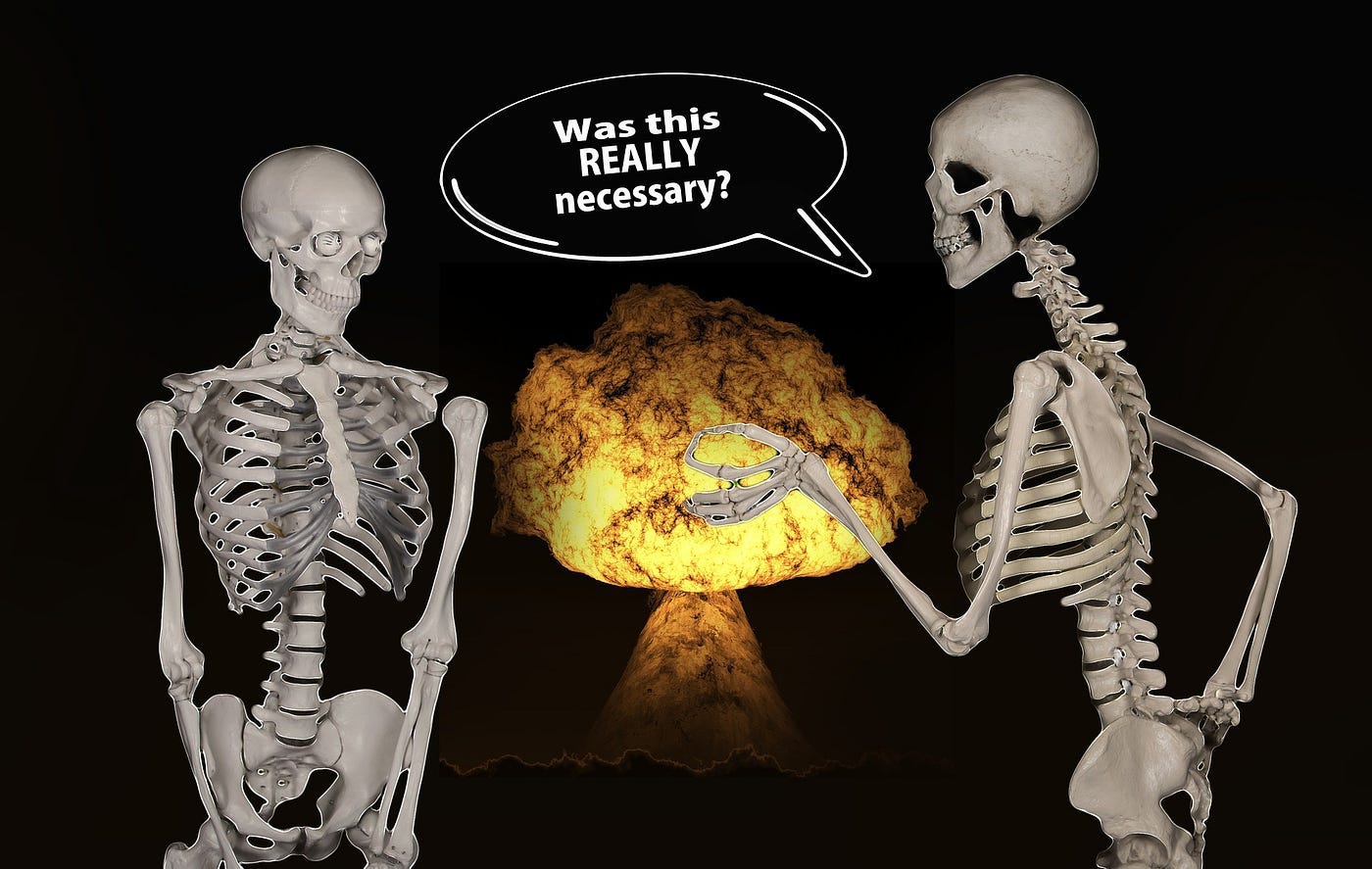 A skeleton asks another sheepish looking skeleton “Was this really necessary?” The inquisitive skeleton is gesturing to a nuclear explosion.