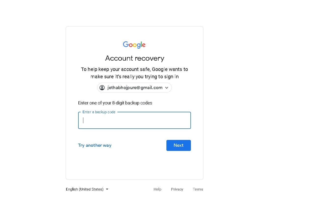 Recover Google account using backup code