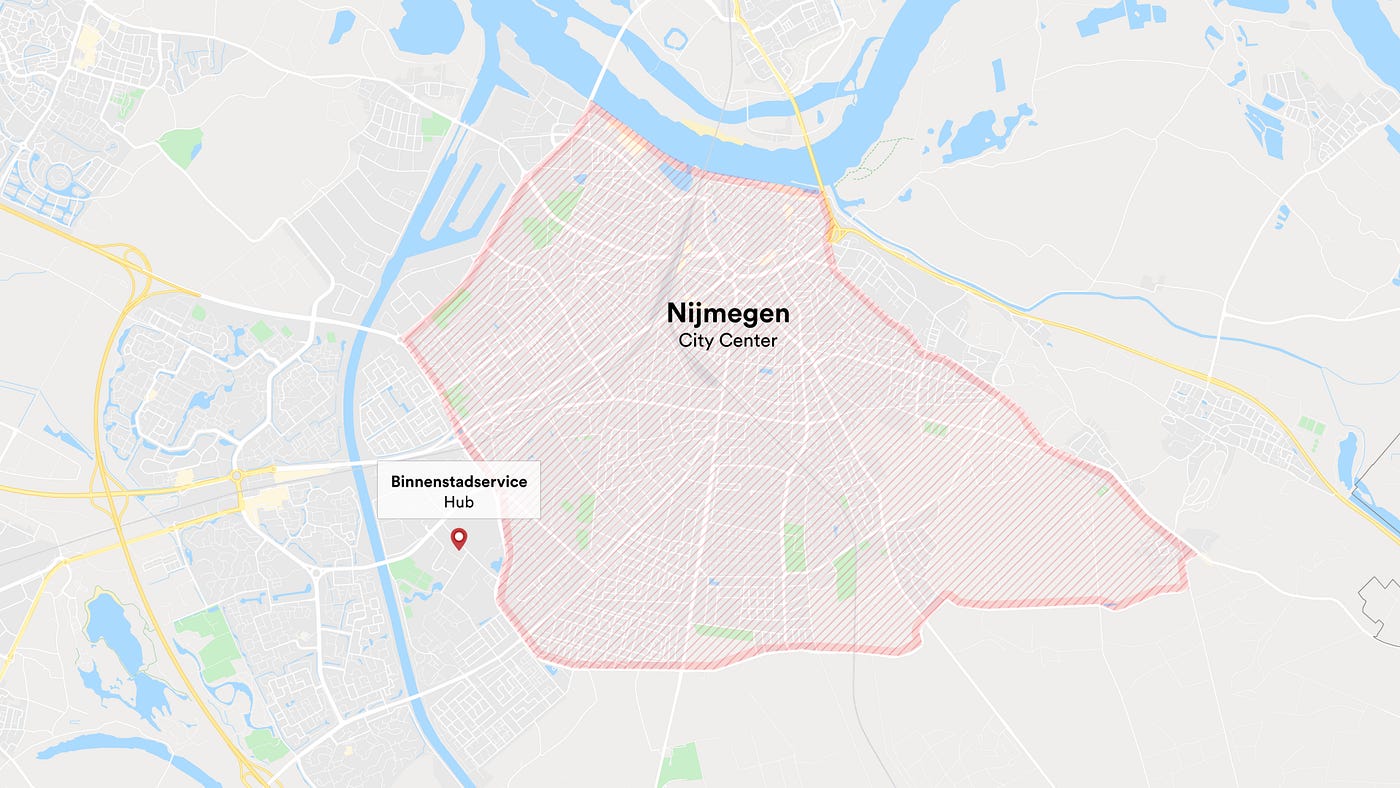 A map showing the location of the Binnenstadservice hub at the perimeter of Nijmegen.