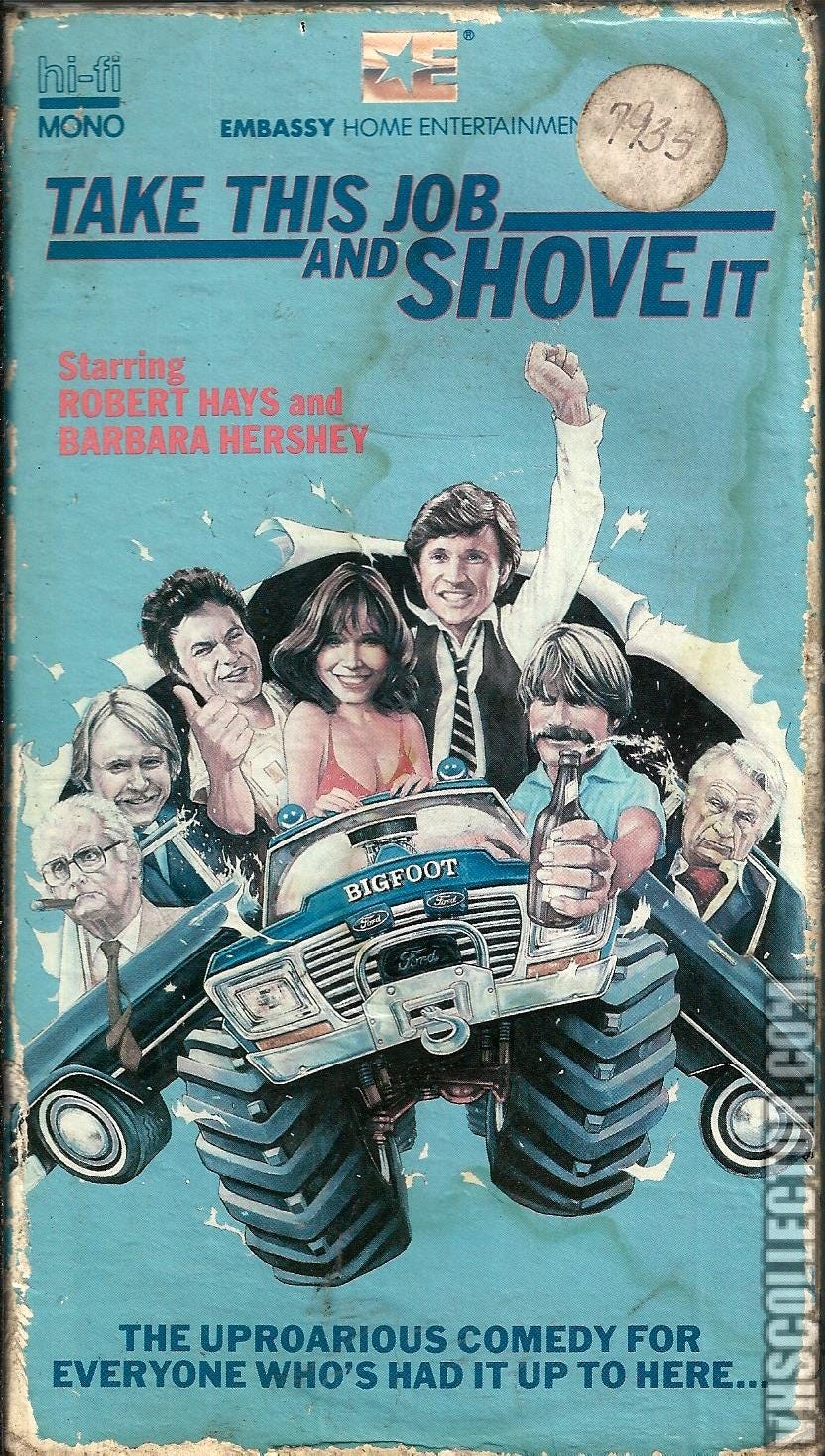 A worn VHS copy of ‘Take This Job and Shove It,” a 1981 film.