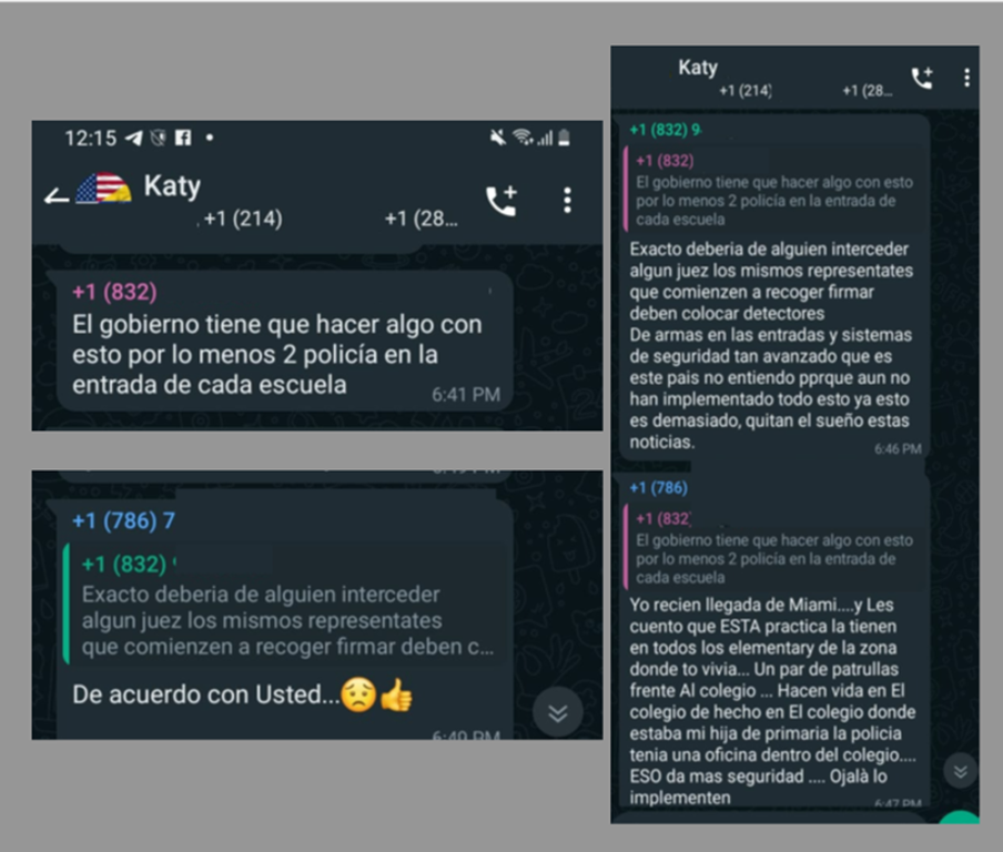Screenshots of a WhatsApp group conversation about implementing security systems and policing in schools. (Source: DFRLab)