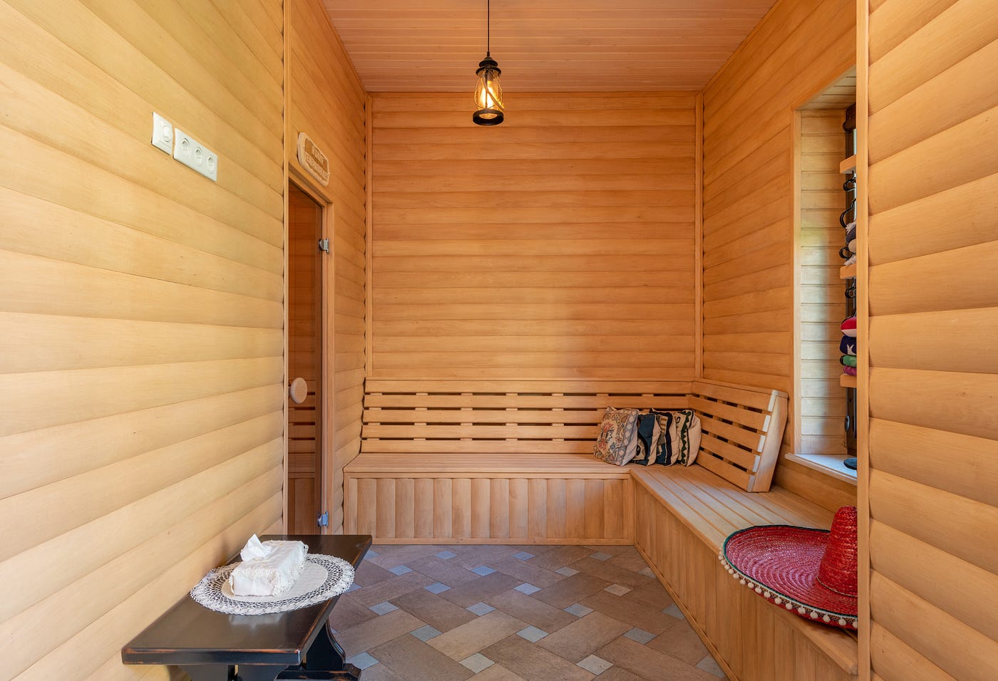 Empty sauna with abandoned sombrero